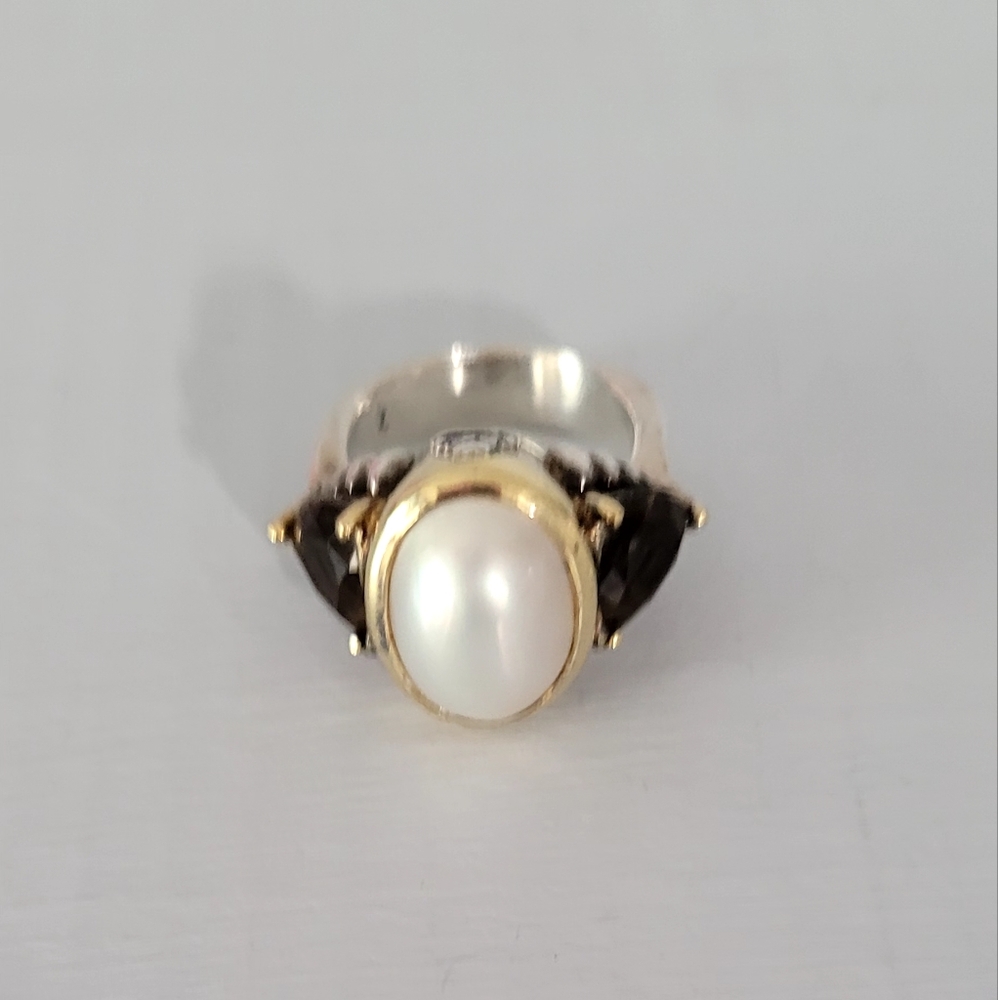 LAGOS Sterling Silver 18K Yellow Gold Pearl Smoky Topaz Ring 6